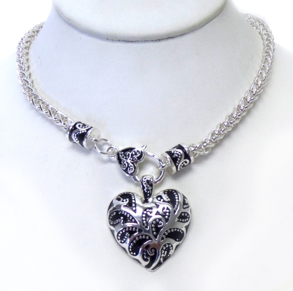 Textured Metal Puffy Charm Heart Necklace